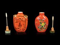 Two Chinese Coral Red-Ground Porcelain Snuff Bottles