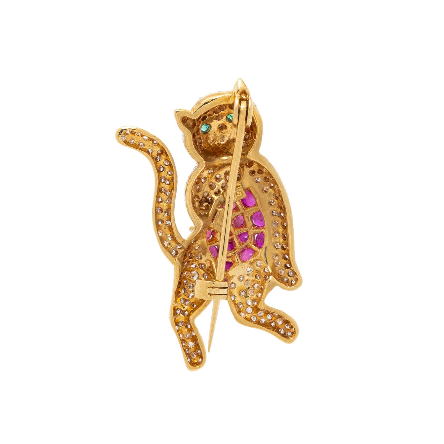 DIAMOND, RUBY, AND BICOLOR GOLD CAT BROOCH