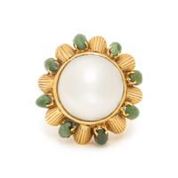 YELLOW GOLD, CULTURED MABE PEARL AND JADE RING