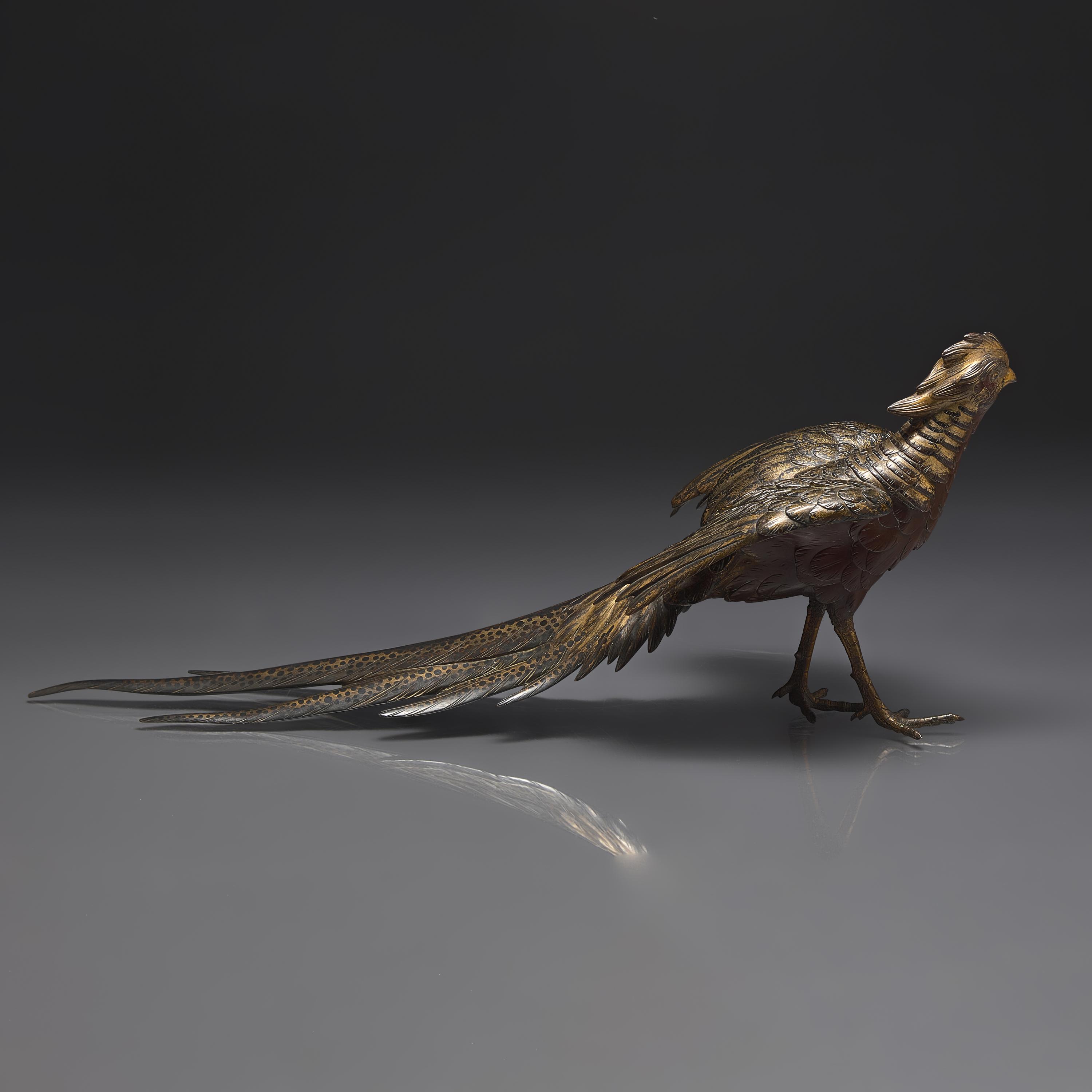 A Japanese Parcel-Gilt and Patinated Bronze Figure of a Pheasant, Masatsune, Meiji Period — 日本明治時期 ”政常鑄“銅雉鷄