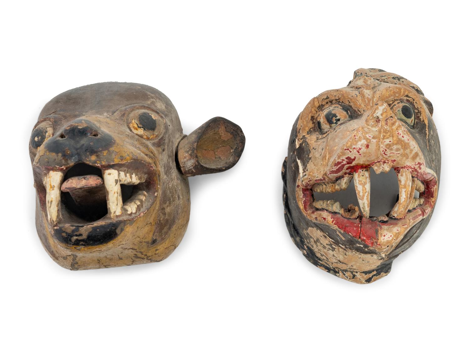 Two Mexican Carved and Polychromed Wood Zoomorphic Masks