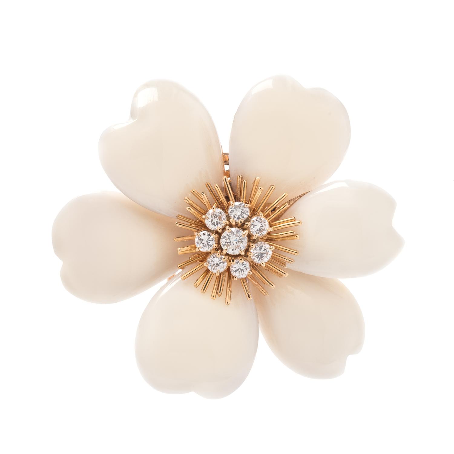 An 18 Karat Yellow Gold, Coral, and Diamond 'Rose de Noel' Brooch, Van Cleef & Arpels,