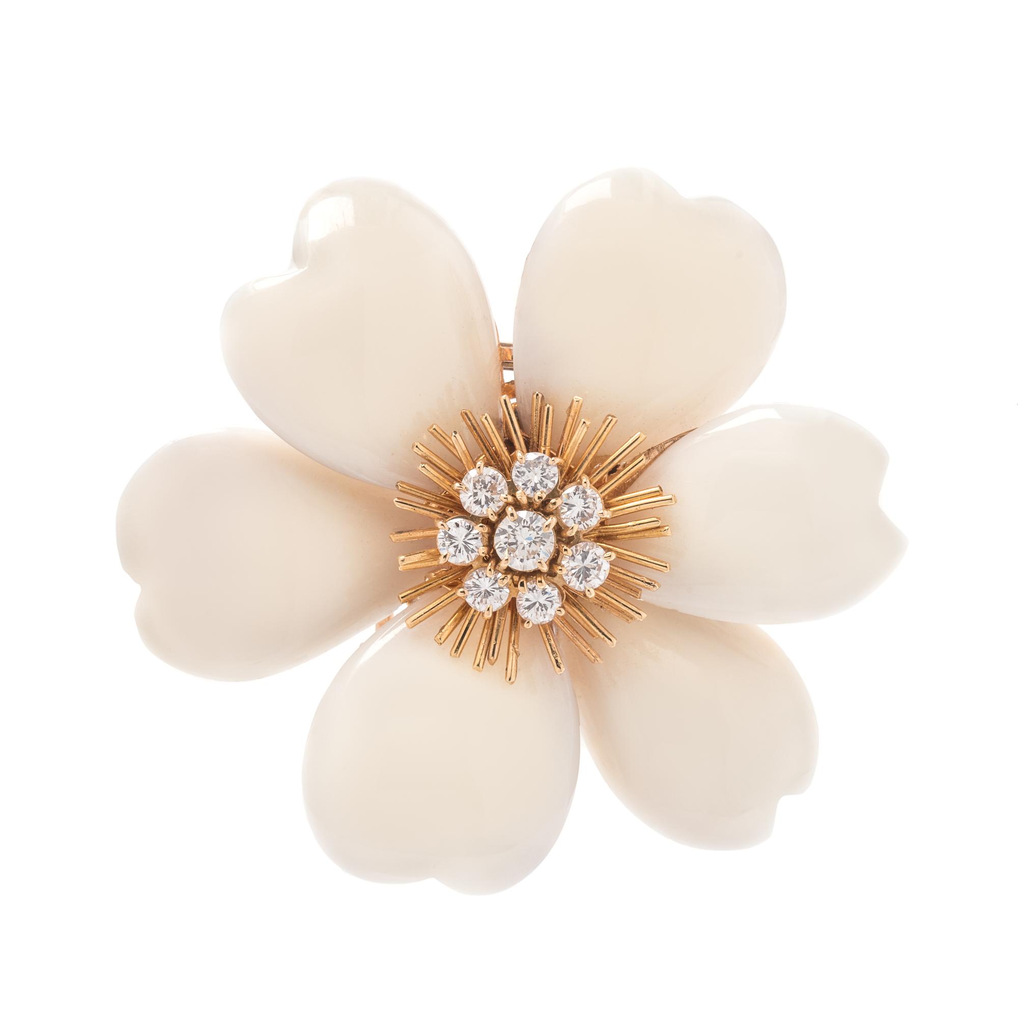 An 18 Karat Yellow Gold, Coral, and Diamond 'Rose de Noel' Brooch, Van Cleef & Arpels,