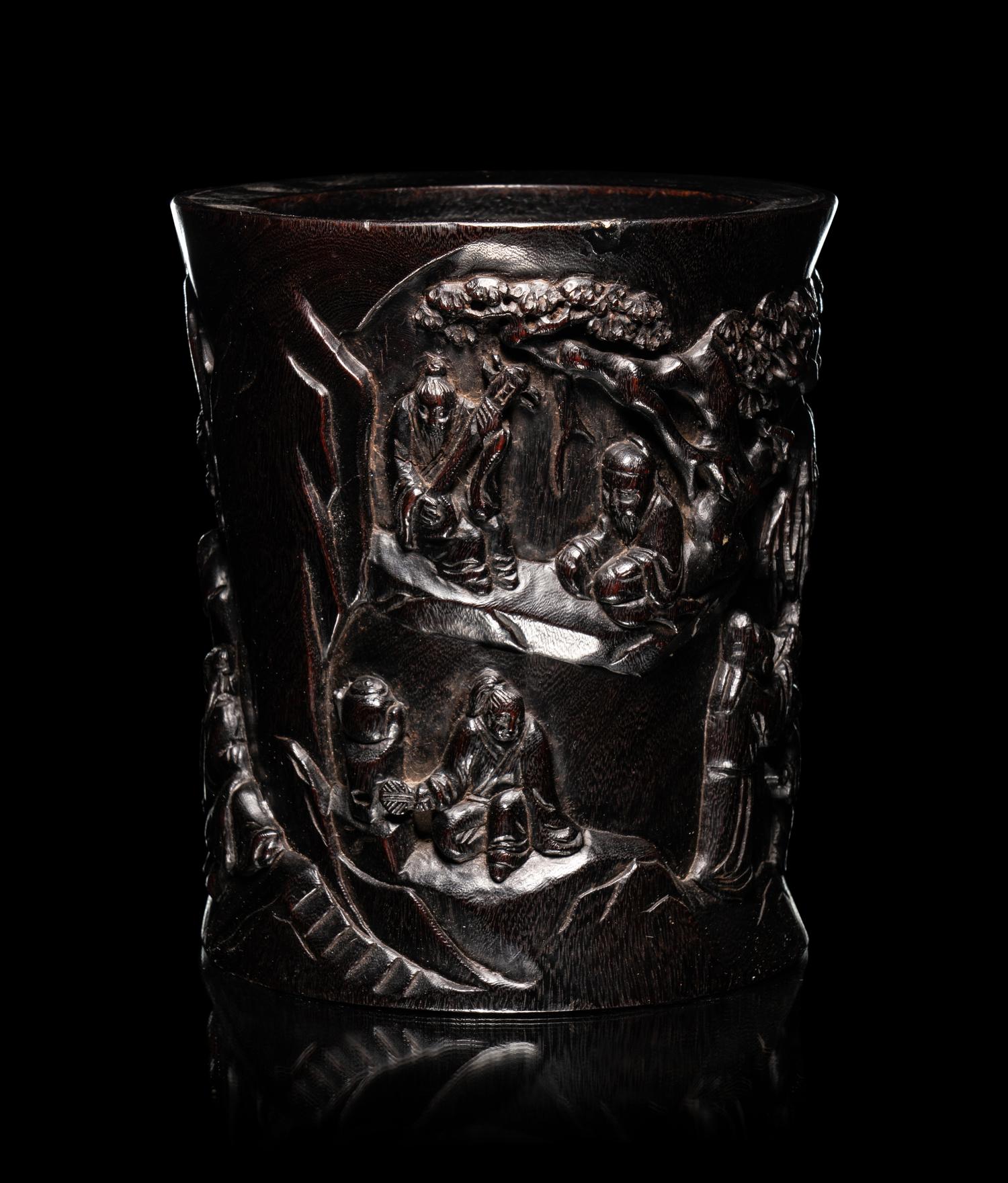 Two Chinese Carved Hardwood Brushpots, Bitong