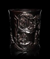 Two Chinese Carved Hardwood Brushpots, Bitong