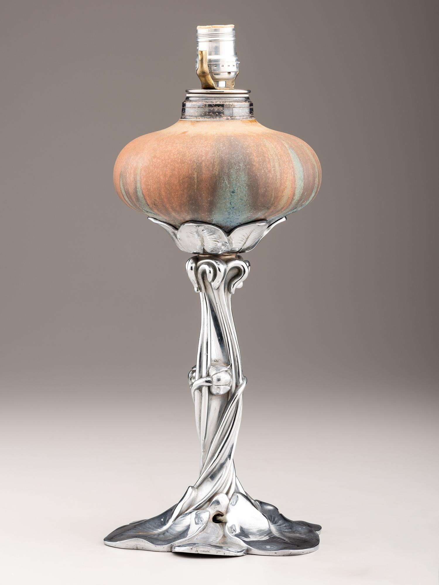 Oil Lamp with Water Lily Base in the Style of Victor Saglier