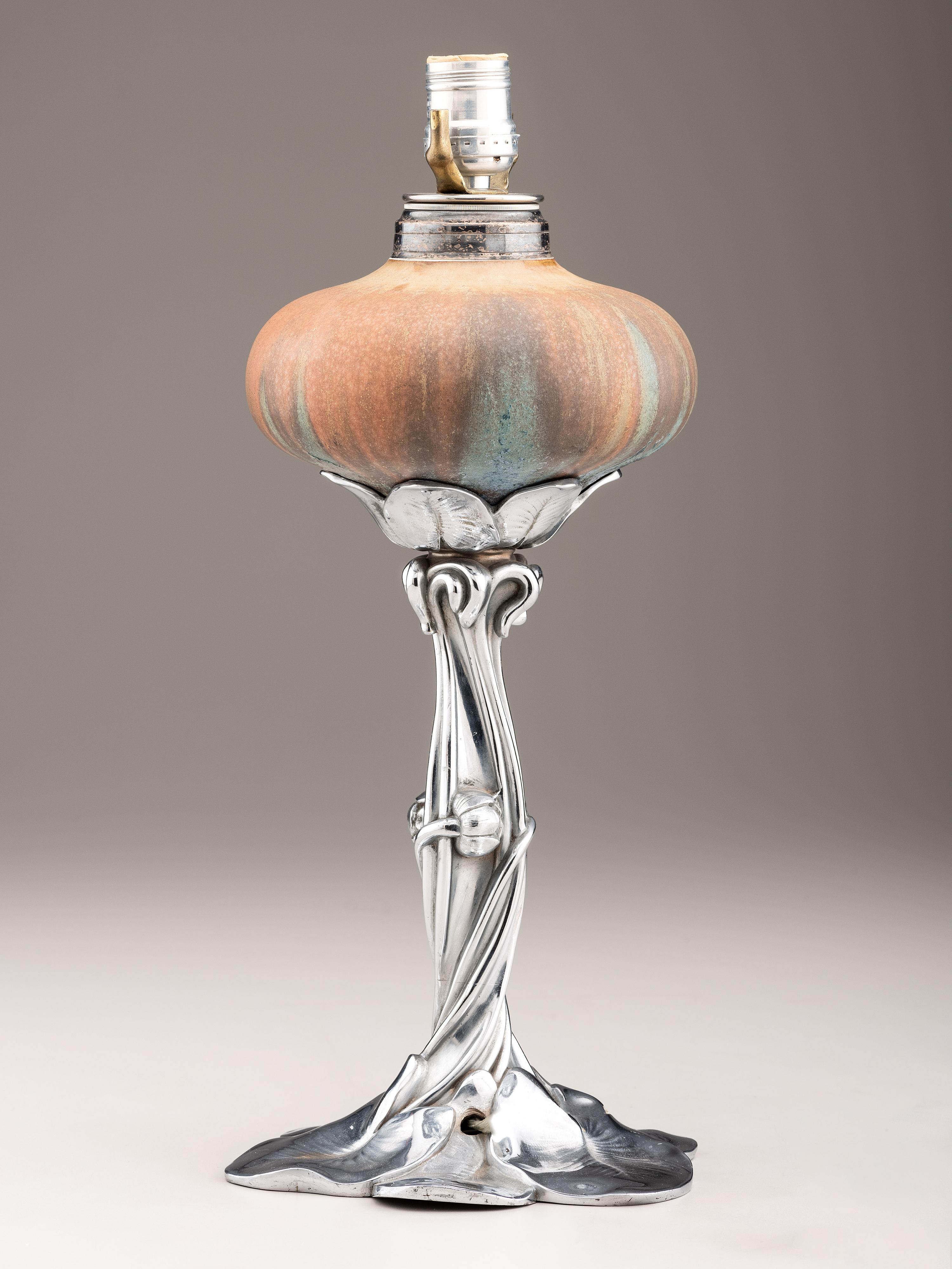 Oil Lamp with Water Lily Base in the Style of Victor Saglier