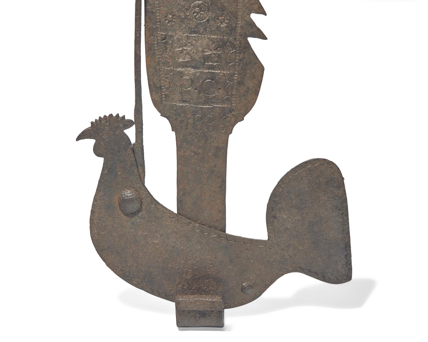 A Wrought Iron Fireplace Trammel with Rooster Catch, French, Dated "1836"