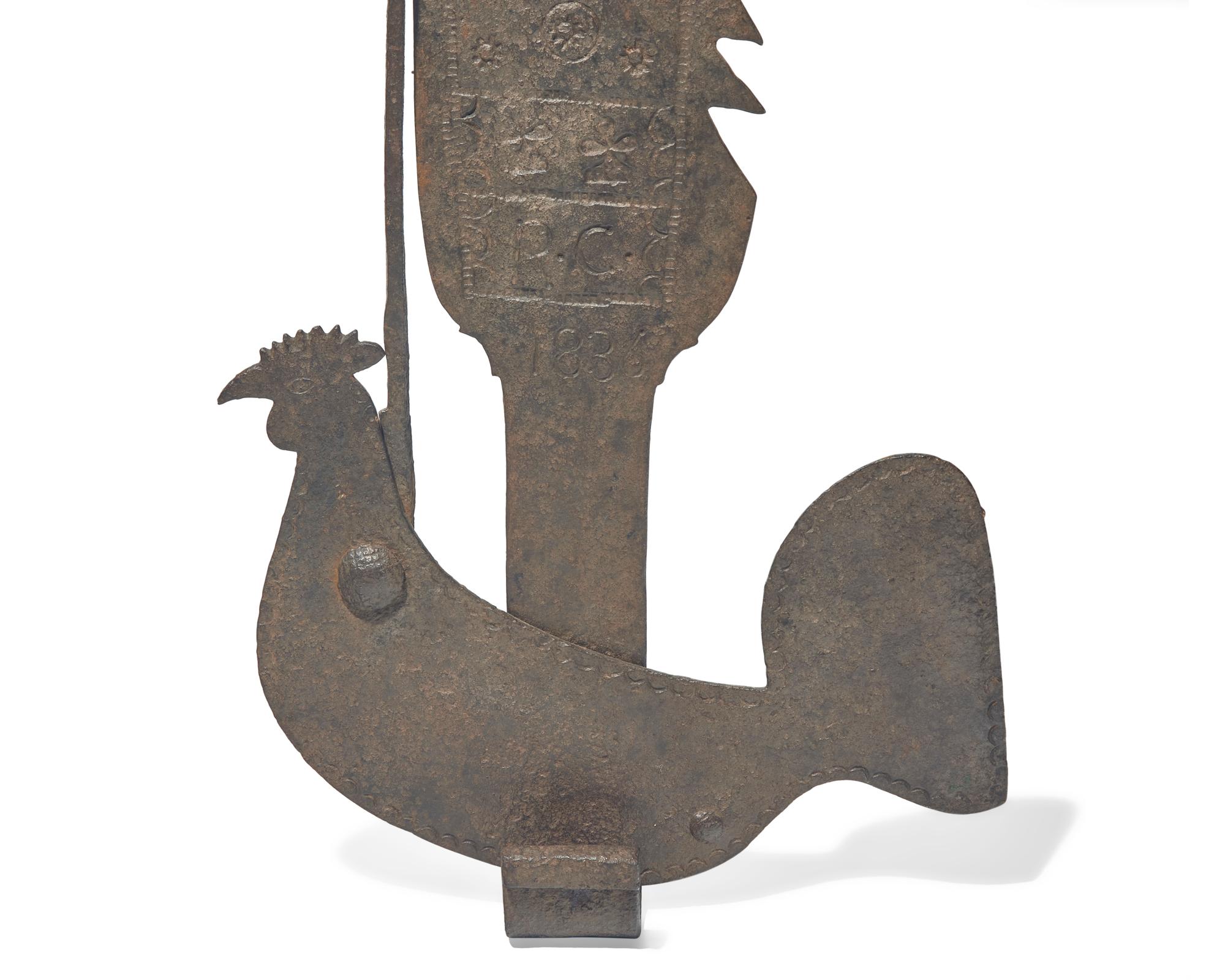 A Wrought Iron Fireplace Trammel with Rooster Catch, French, Dated "1836"