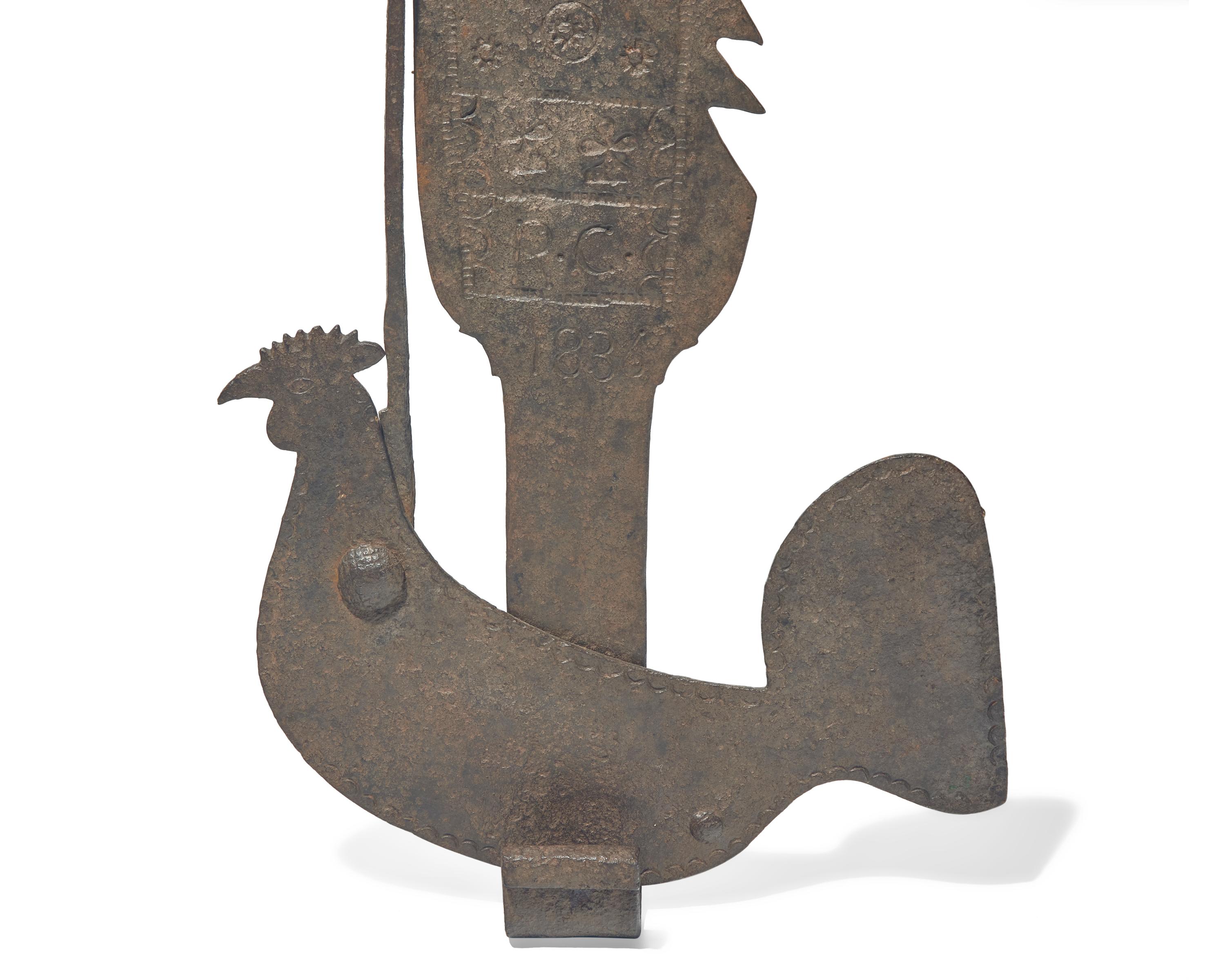 A Wrought Iron Fireplace Trammel with Rooster Catch, French, Dated "1836"