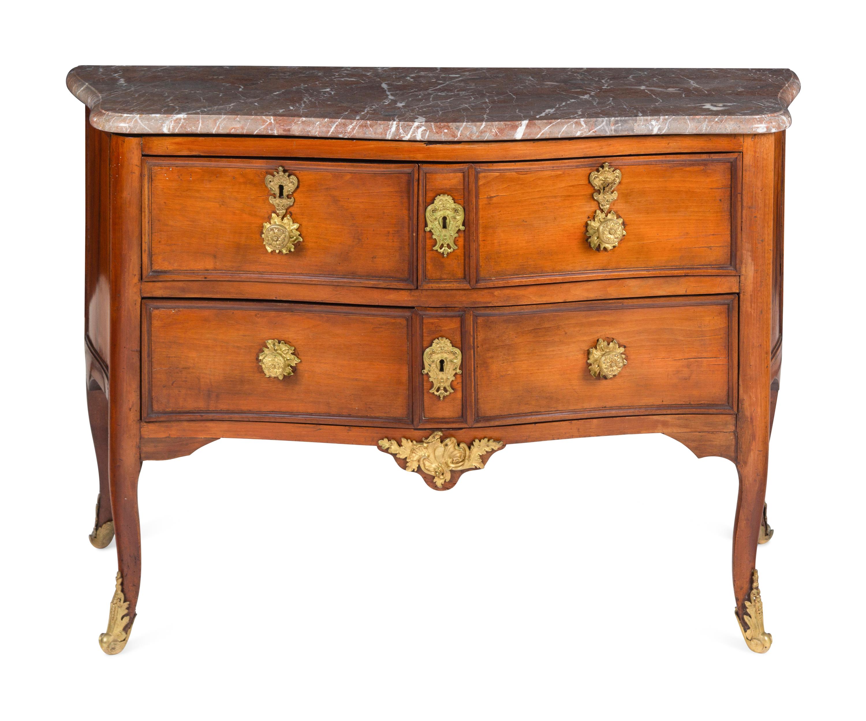 A Louis XV Gilt Bronze Mounted Marble-Top Commode