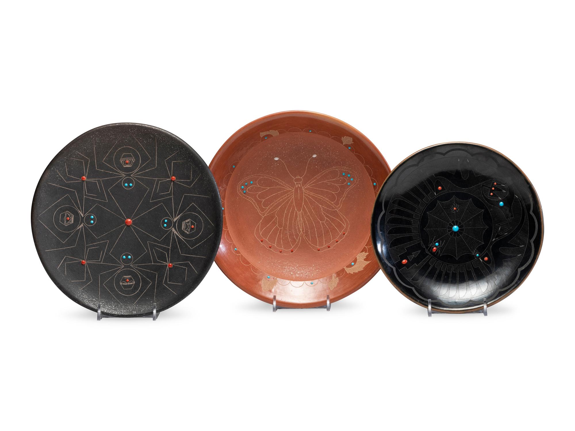 Black and Red Sgraffito Pottery Plates