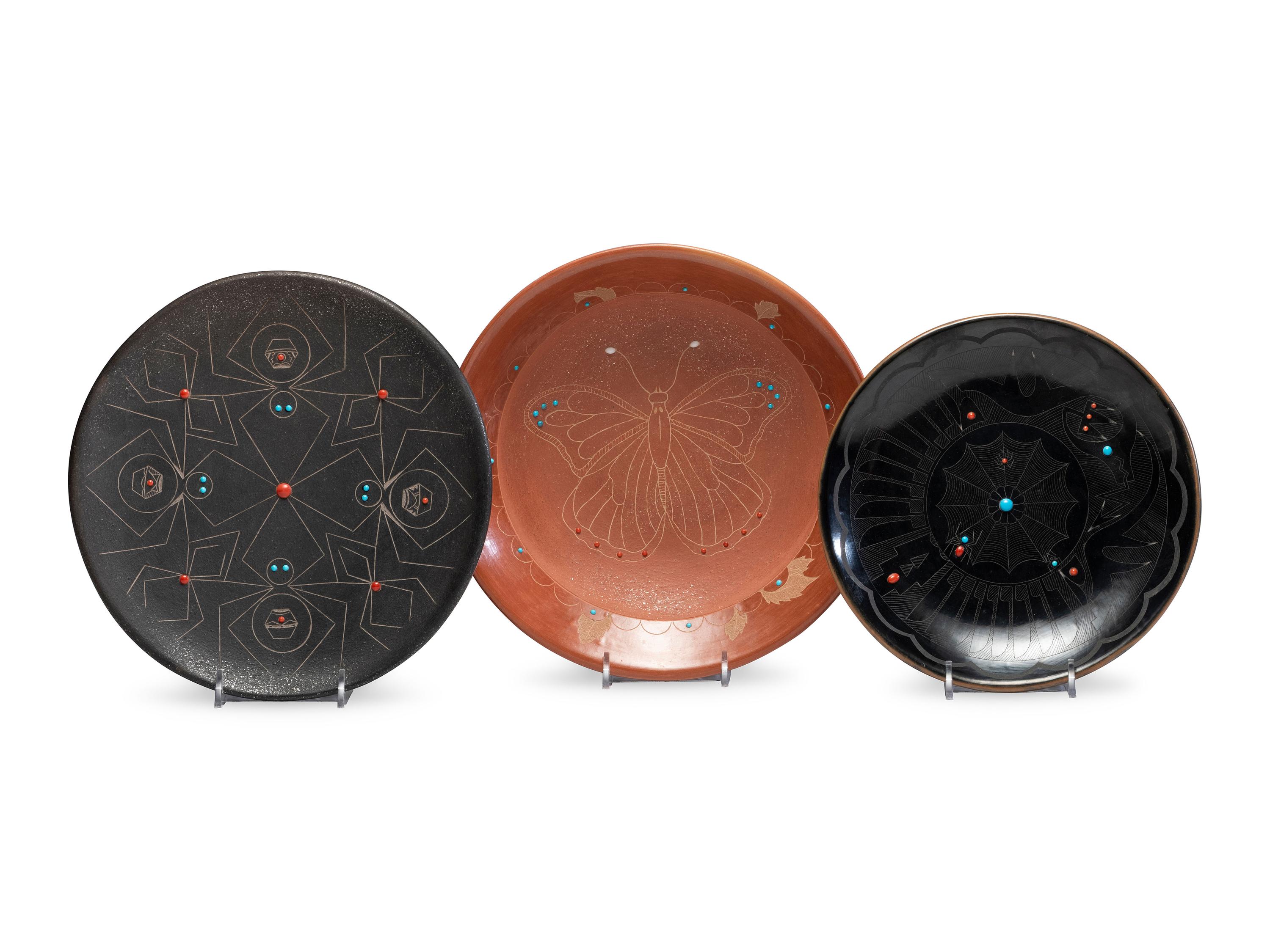 Black and Red Sgraffito Pottery Plates