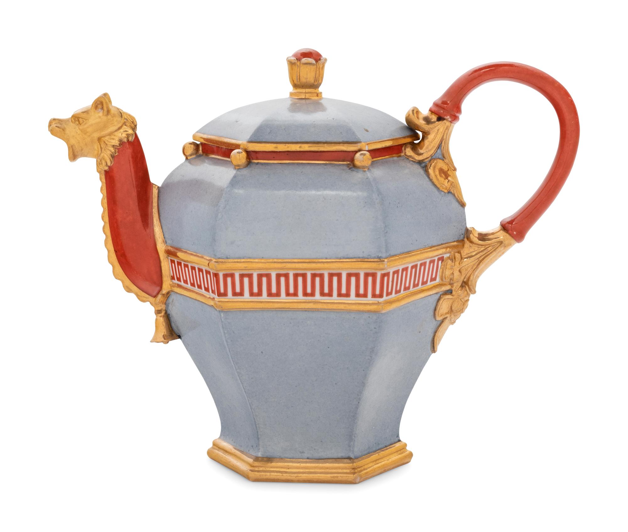 A Sèvres Powdered Pale Blueish Grey-Ground Hexagonal Hard-Paste Porcelain Teapot and Cover ( Théière 'Chinois Fragonard' )