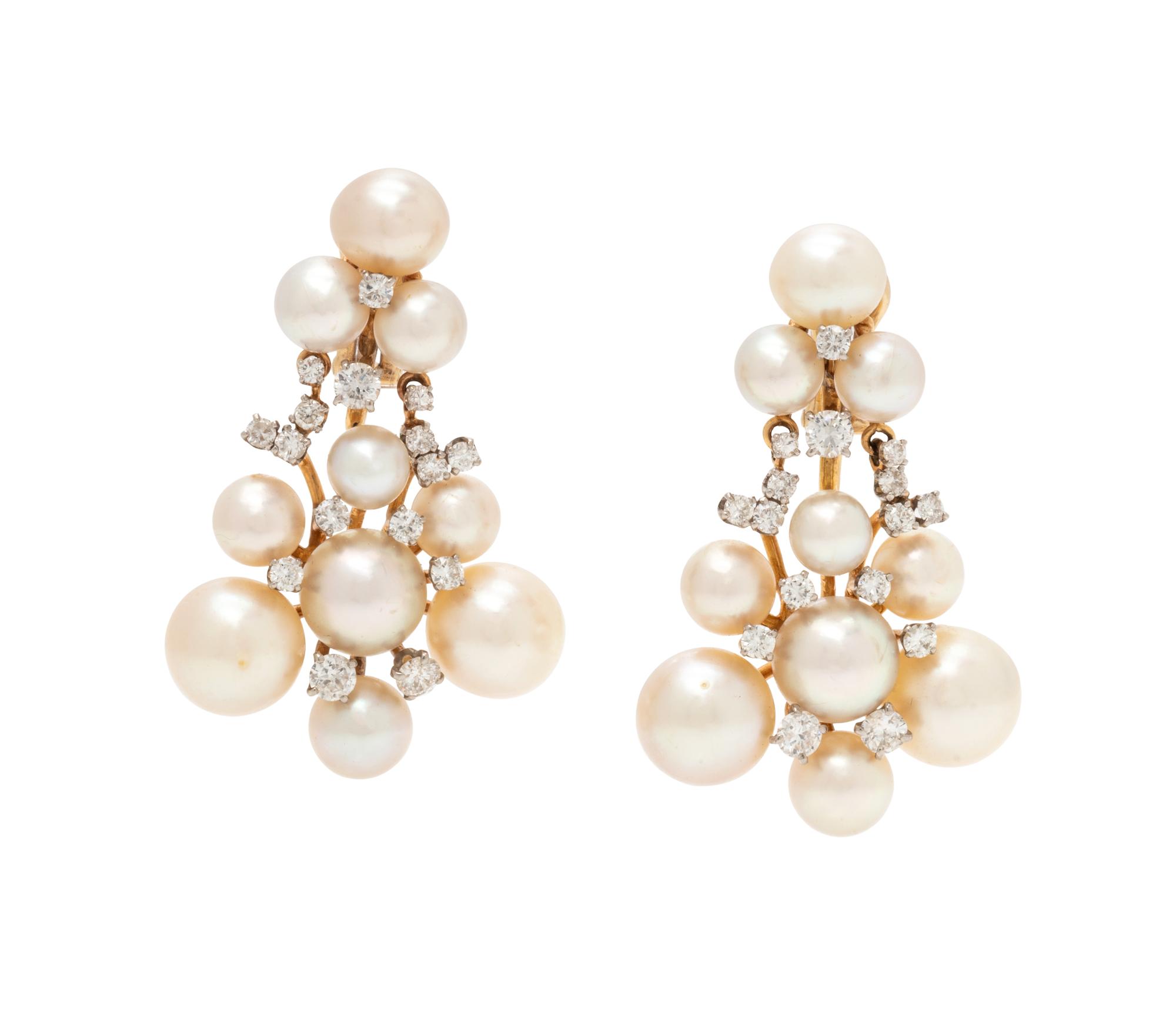 CULTURED PEARL AND DIAMOND EARCLIPS