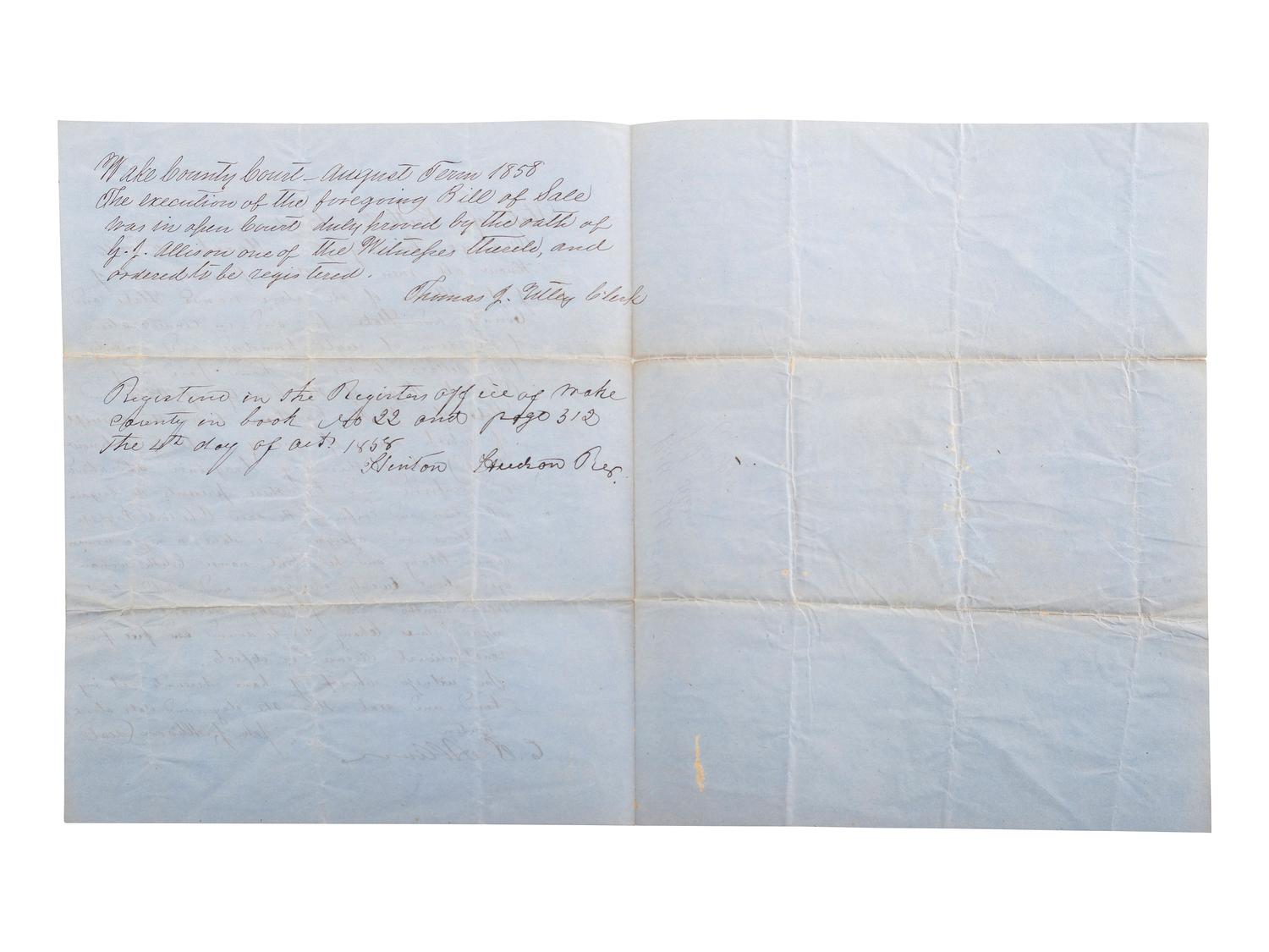 [SLAVERY & ABOLITION]. Manuscript bill of sale for enslaved woman named "Chany" and her infant child "Edith." Orange County, NC, 8 March 1856.