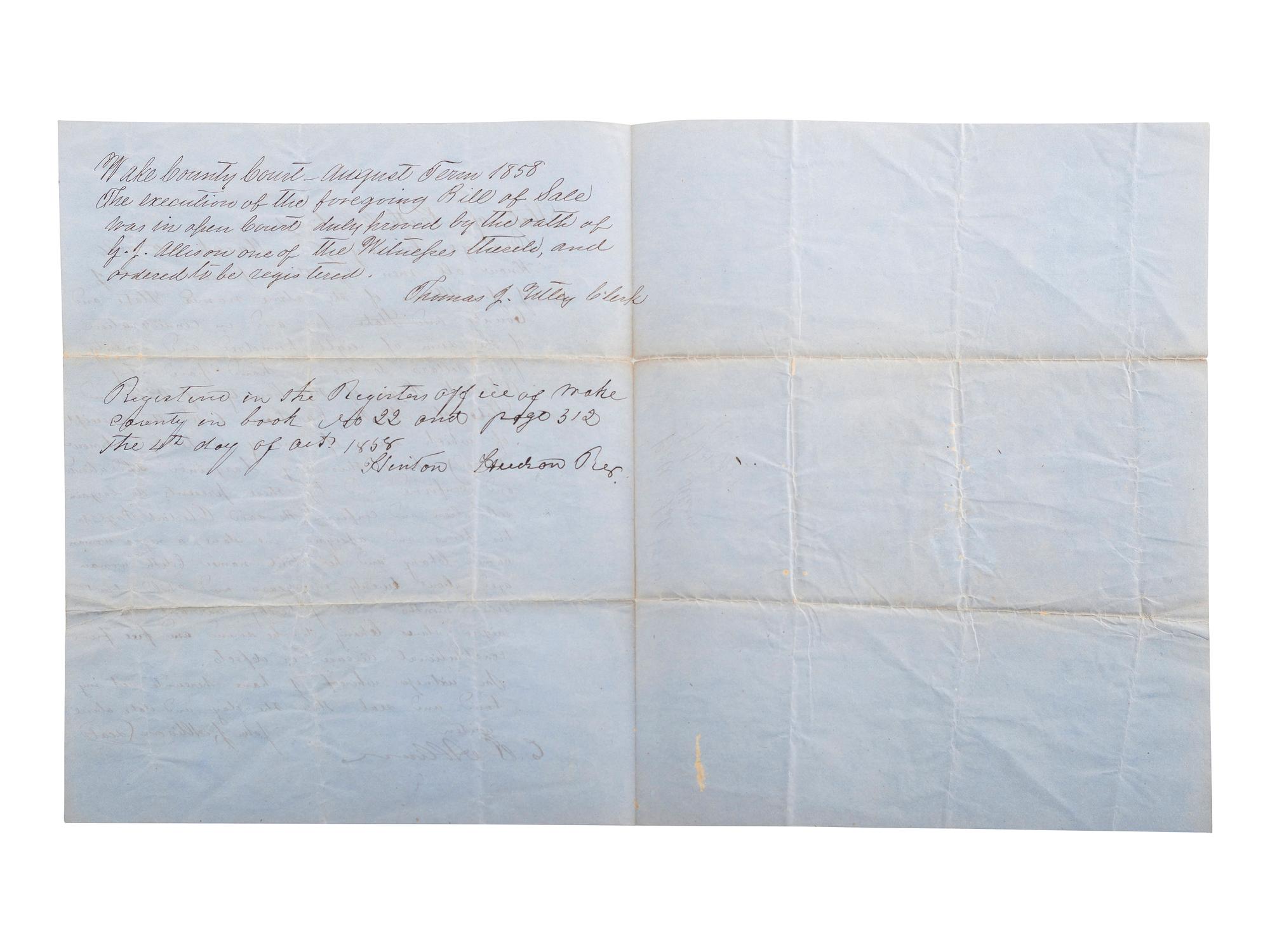 [SLAVERY & ABOLITION]. Manuscript bill of sale for enslaved woman named "Chany" and her infant child "Edith." Orange County, NC, 8 March 1856.