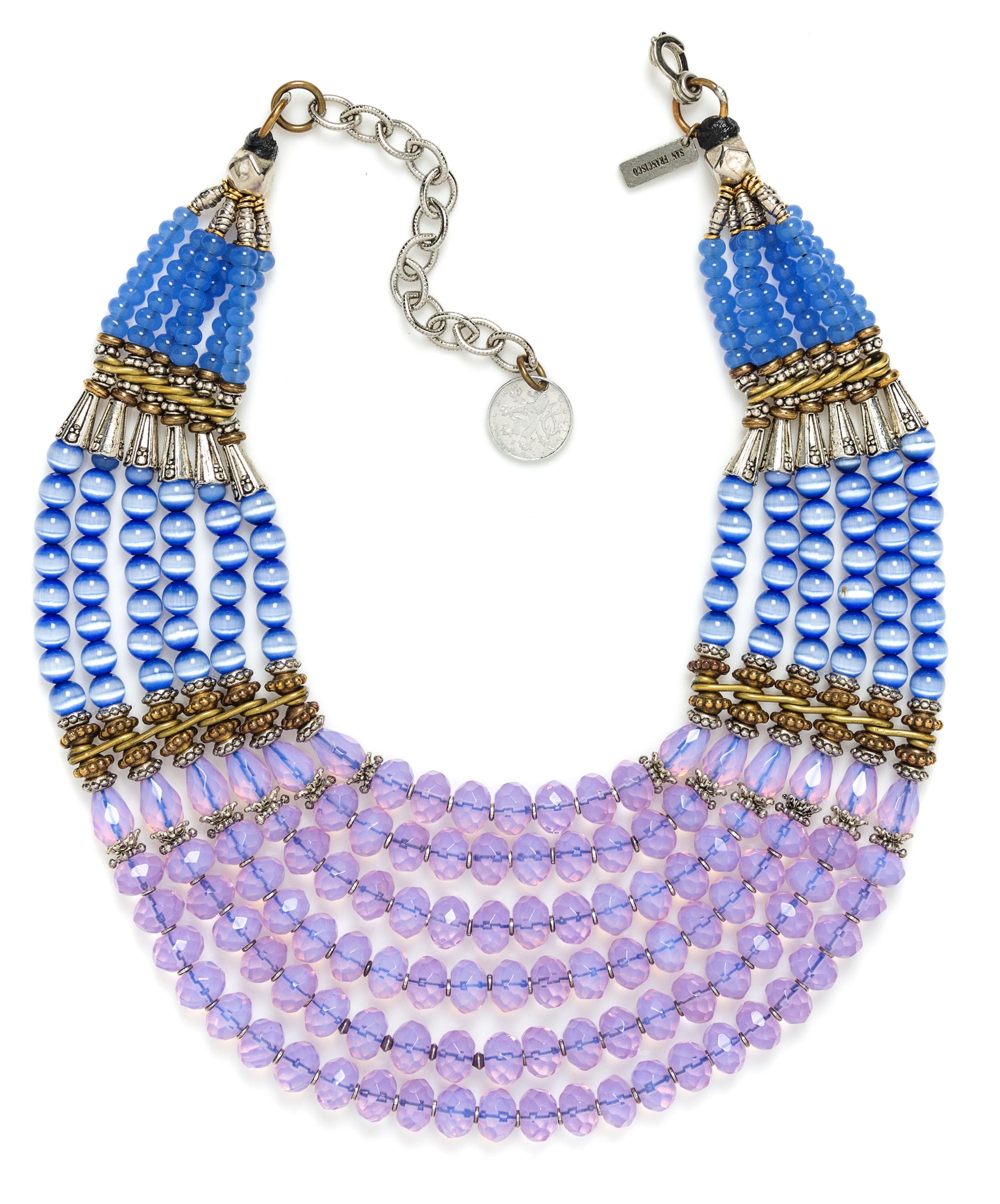 A Masha Archer Lavender and Blue Glass Bead Six Strand Collar Necklace, 15.5" - 19" L; 3" W.