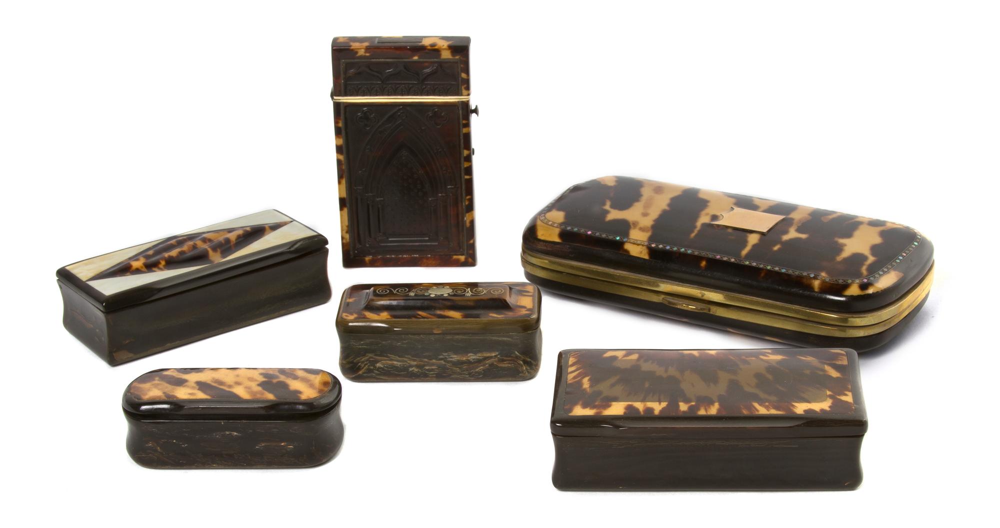 A Collection of Tortoise Shell and Tortoise Shell Mounted Boxes, Length of longest 5 3/4 inches.