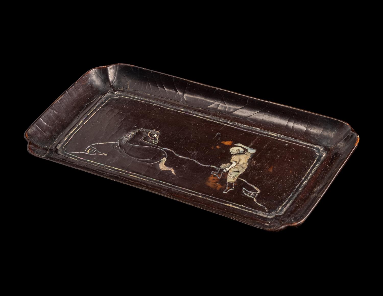 A Japanese Mother-of-Pearl Inlaid Black Lacquer Rectangular Tray