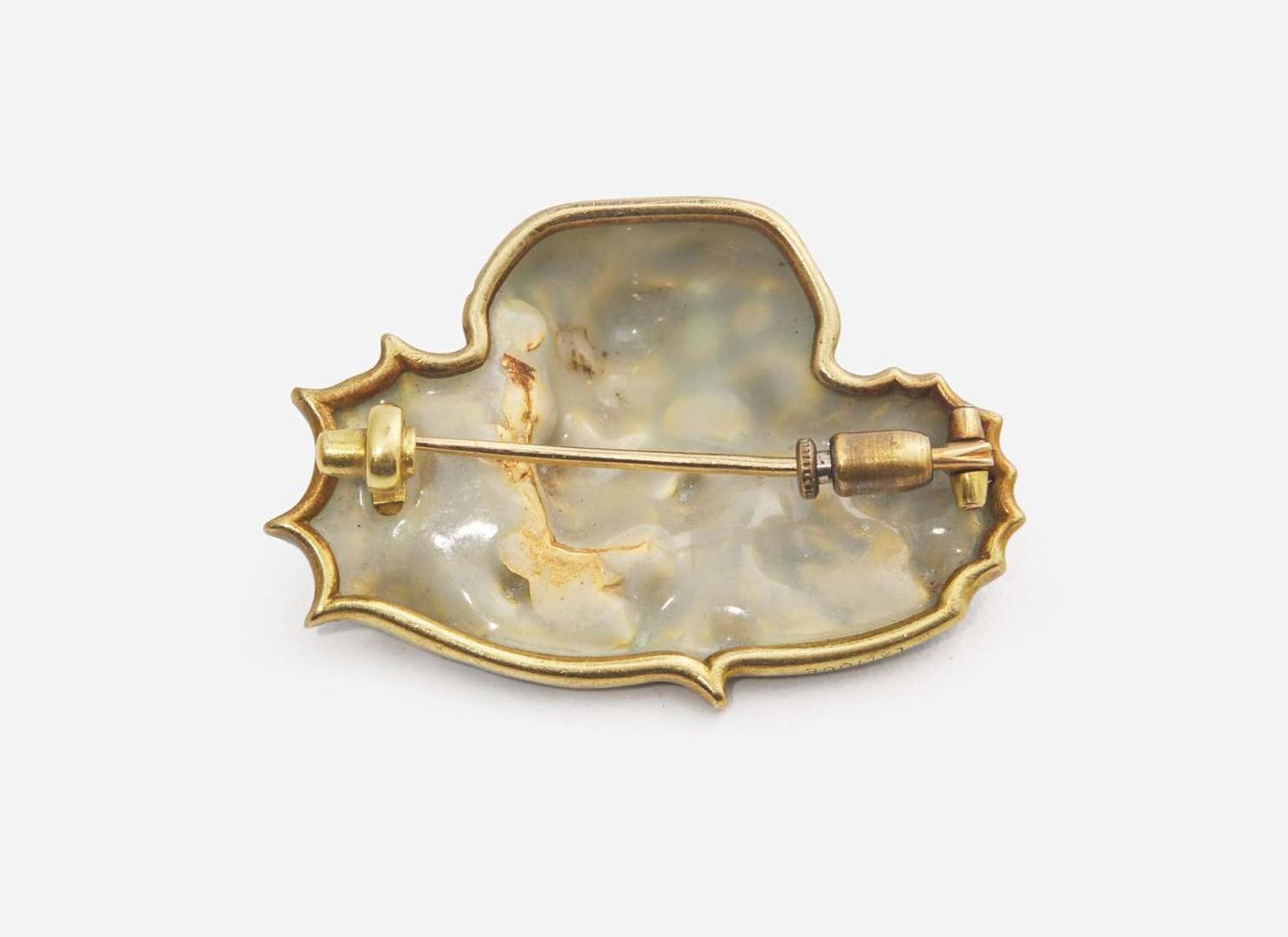 An 18K Yellow Gold, Enamel, and Diamond Lalique Brooch.