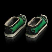 A Pair of Chinese Famille Verte Glazed Biscuit Porcelain "Shoes", 18th Century 清中期 素三彩雕瓷鞋模型一對
