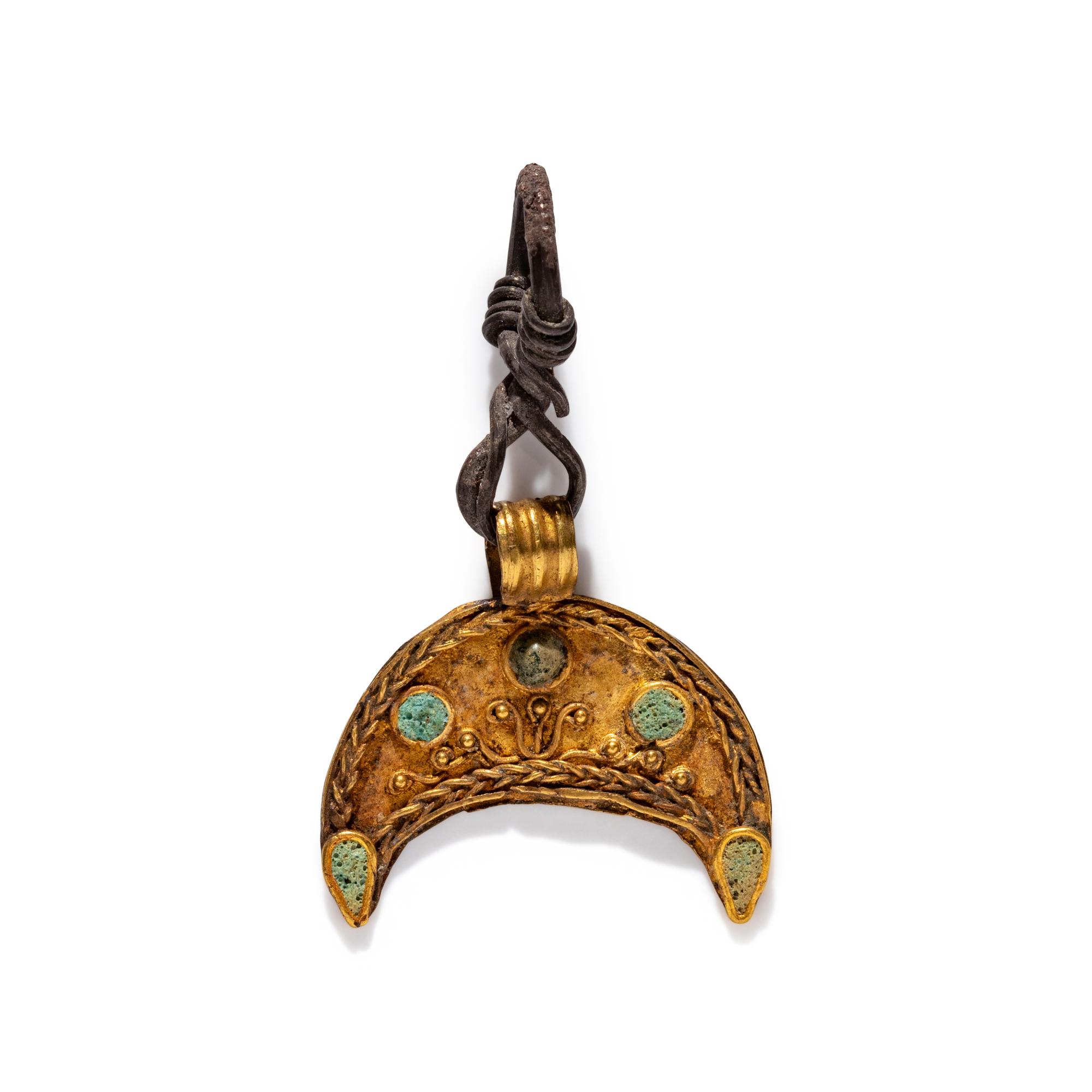A Hellenistic Gold and Glass Crescent-Shaped Pendant