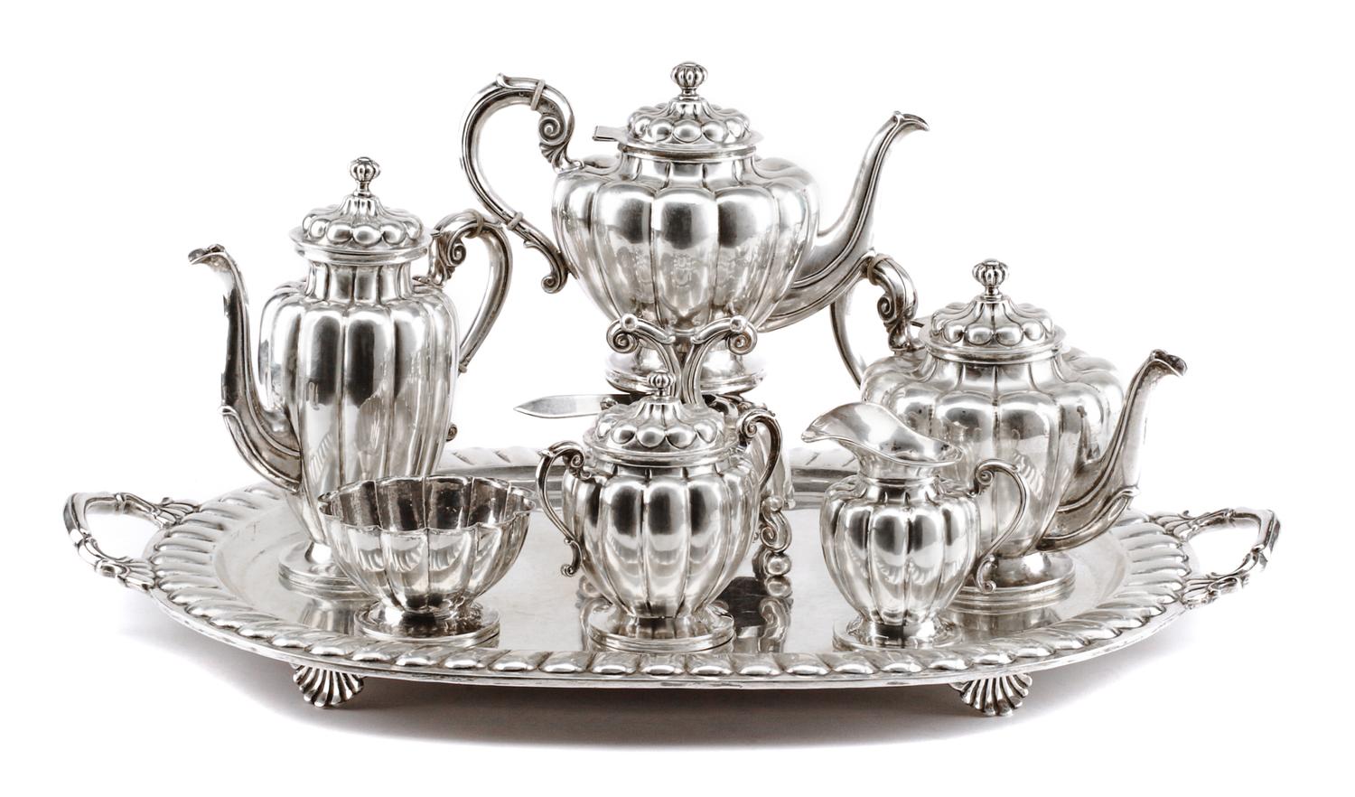 A Mexican Silver Seven-Piece Tea and Coffee Service, Sanborns, Mexico City, 20th Century, comprising a water kettle-on-stand, coffee po