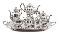 A Mexican Silver Seven-Piece Tea and Coffee Service, Sanborns, Mexico City, 20th Century, comprising a water kettle-on-stand, coffee po
