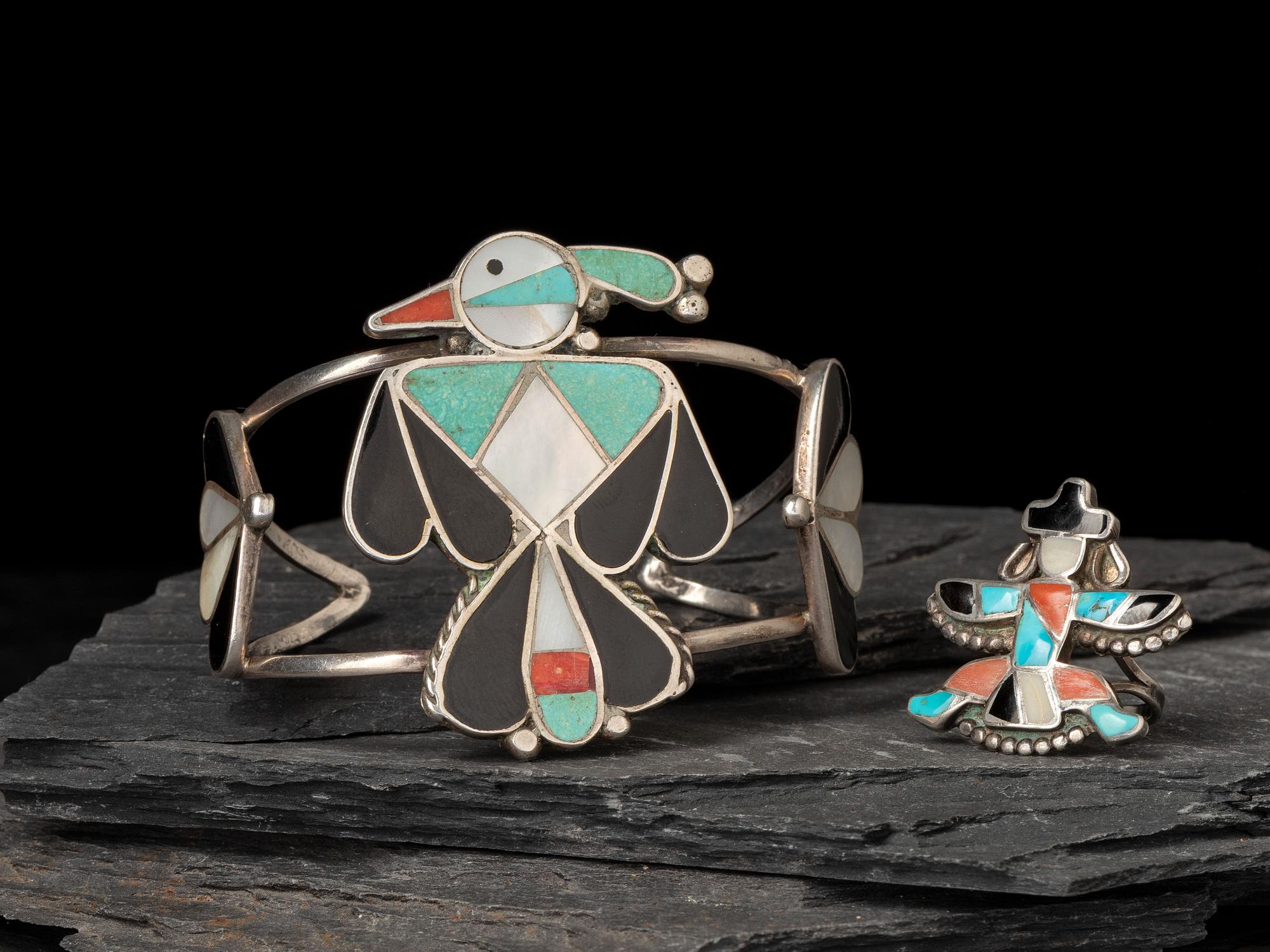 Zuni Silver and Channel Inlay Cuff Bracelet and Ring