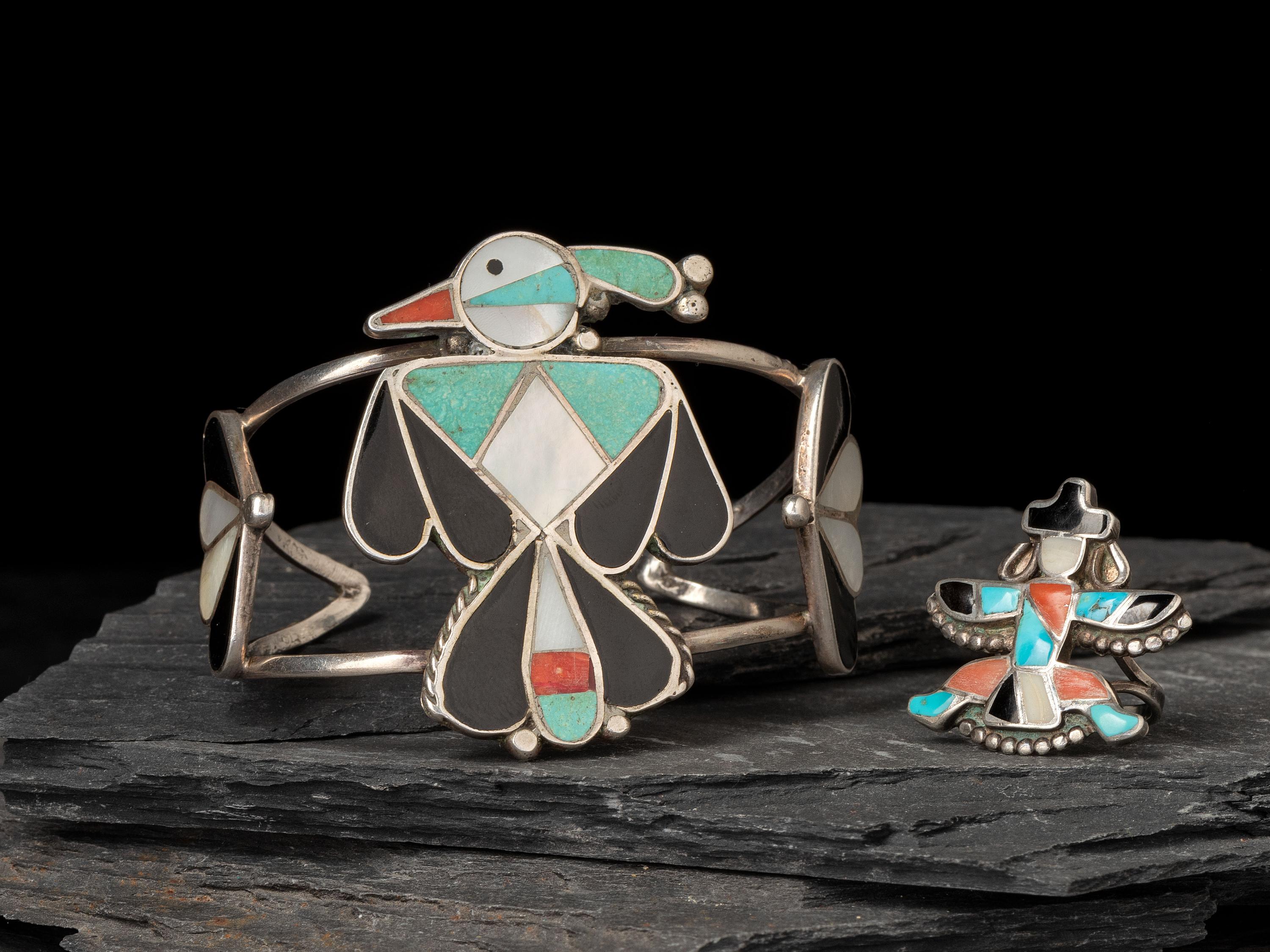Zuni Silver and Channel Inlay Cuff Bracelet and Ring
