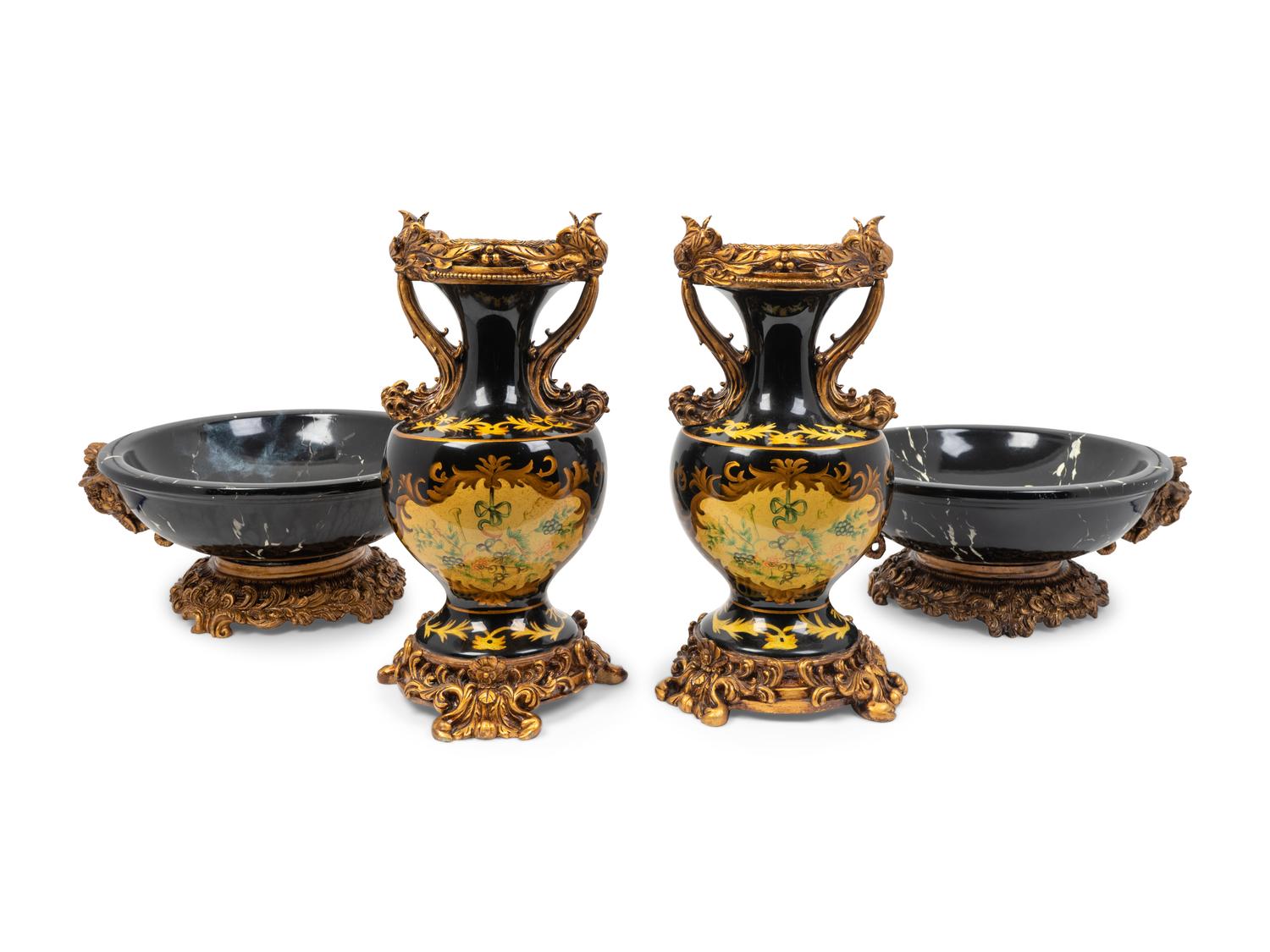 A Pair of Simulated Marble Vases and a Matching Pair of Bowls — 20TH CENTURY