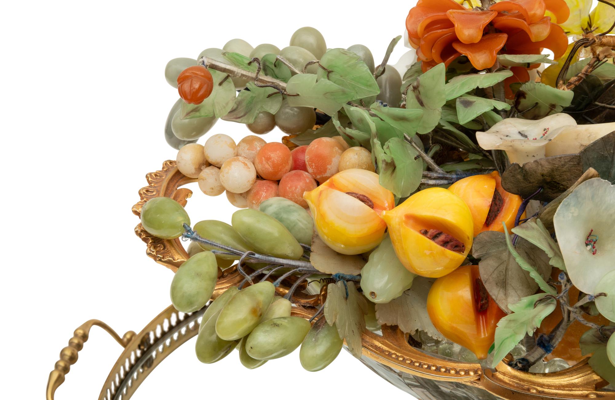 A French Gilt Bronze and Cut Glass Centerpiece Bowl with a Collection of Hardstone Fruit