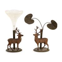 A Pair of Cold-Painted Cast Metal and Cut Glass Vases