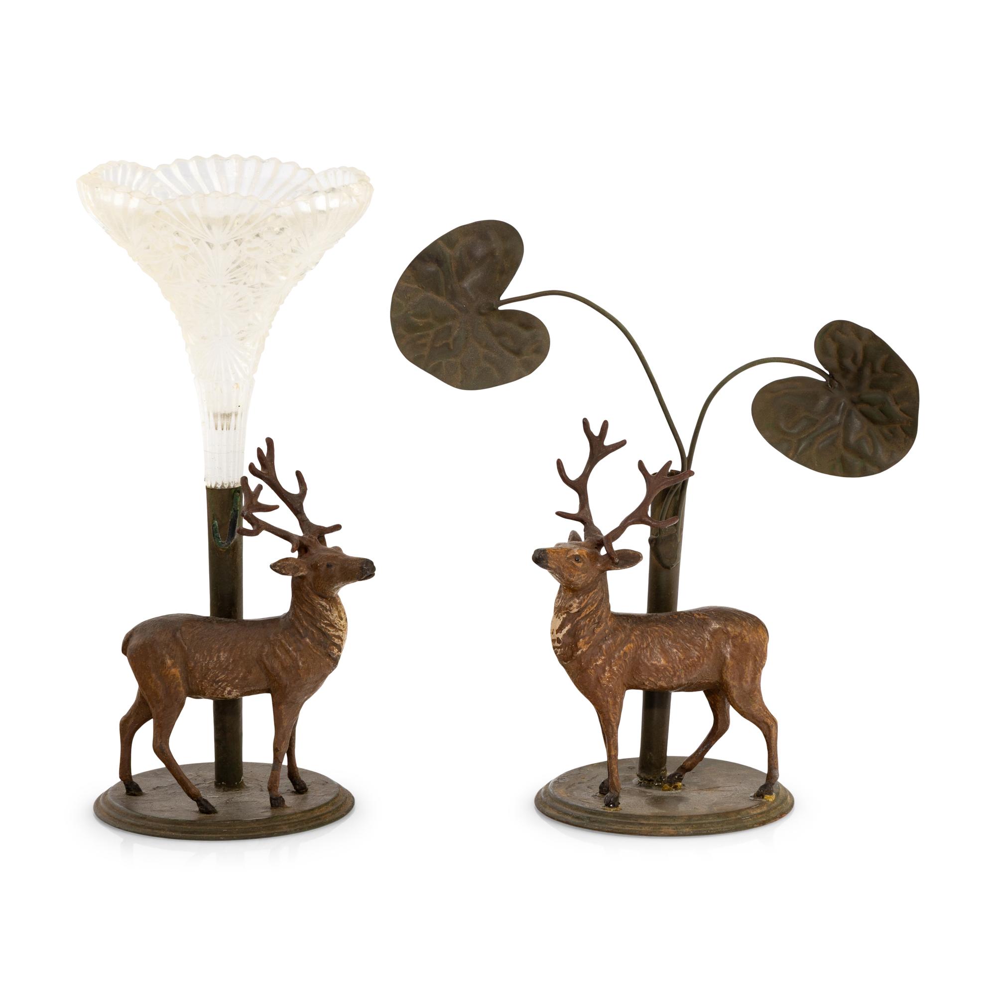 A Pair of Cold-Painted Cast Metal and Cut Glass Vases
