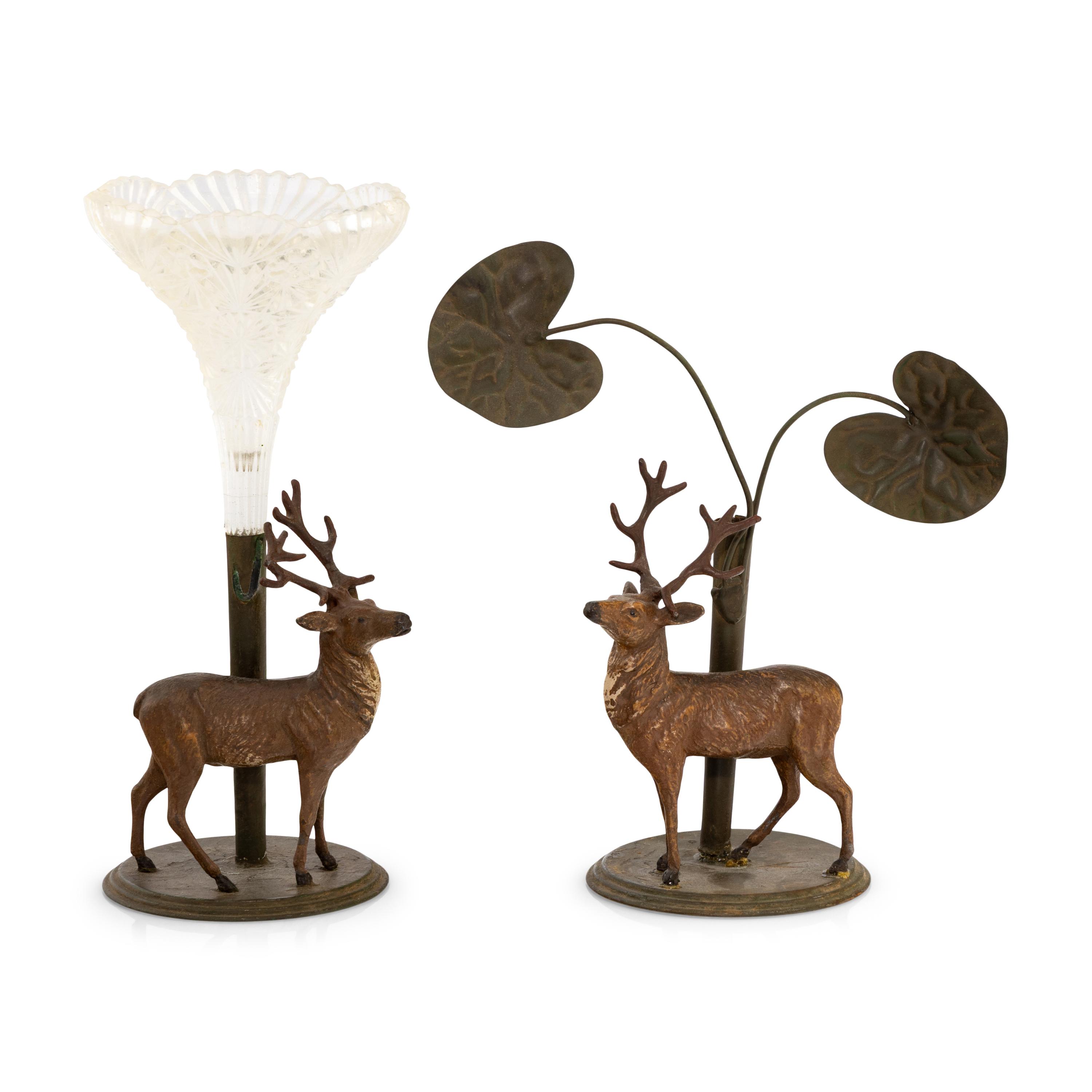 A Pair of Cold-Painted Cast Metal and Cut Glass Vases