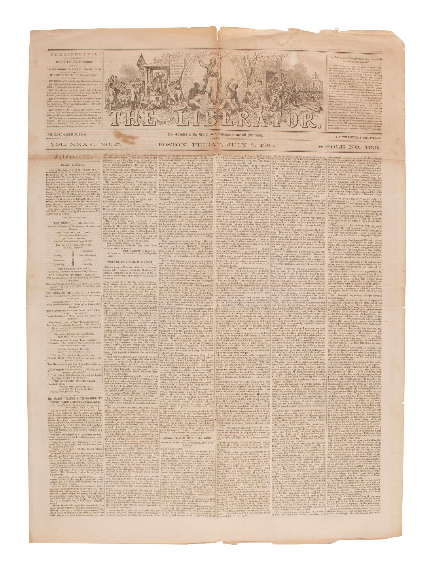 [SLAVERY & ABOLITION]. Four issues of The Liberator , Boston, MA, comprising: