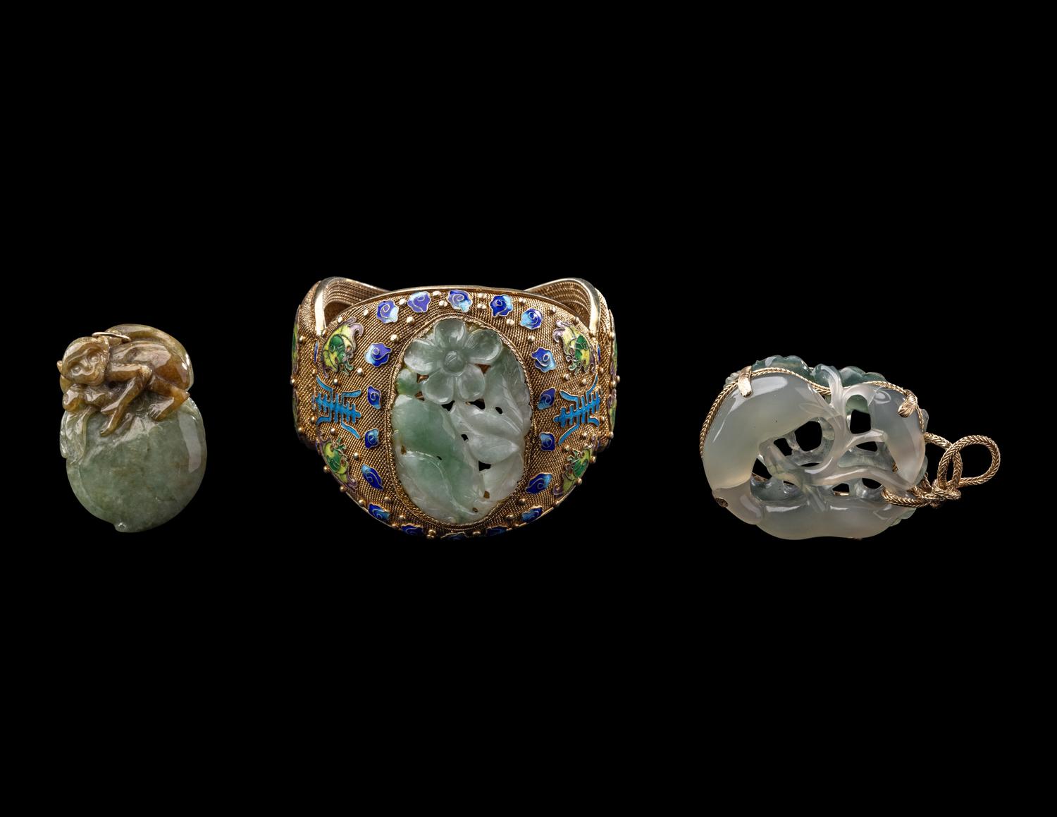 Three Chinese Jadeite Inset Gilt Metal Jewelry