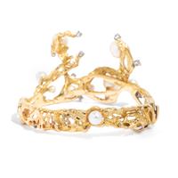 YELLOW GOLD, CULTURED PEARL, AND DIAMOND BRACELET