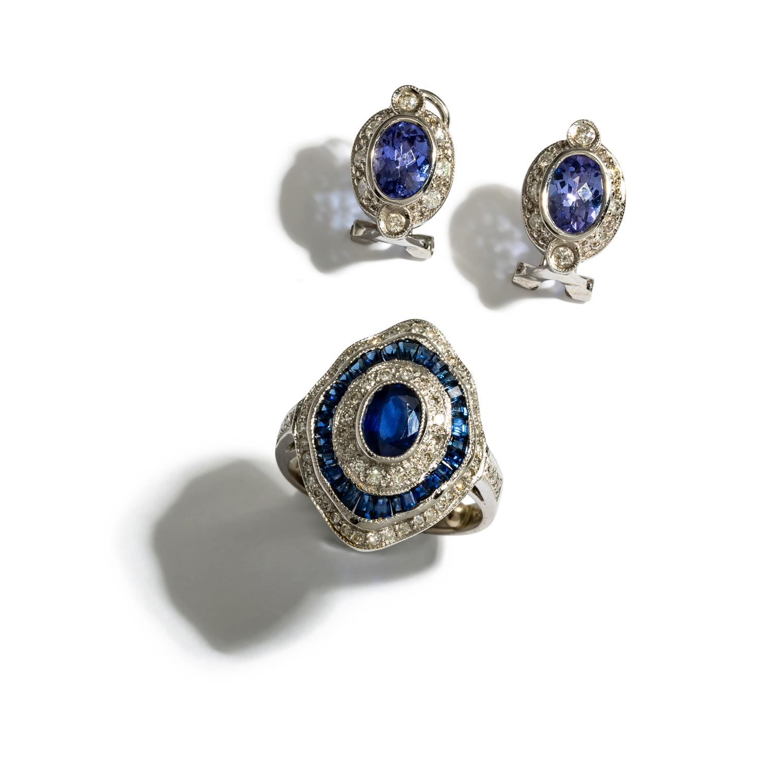 WHITE GOLD, DIAMOND, AND MULTIGEM RING AND EARRINGS
