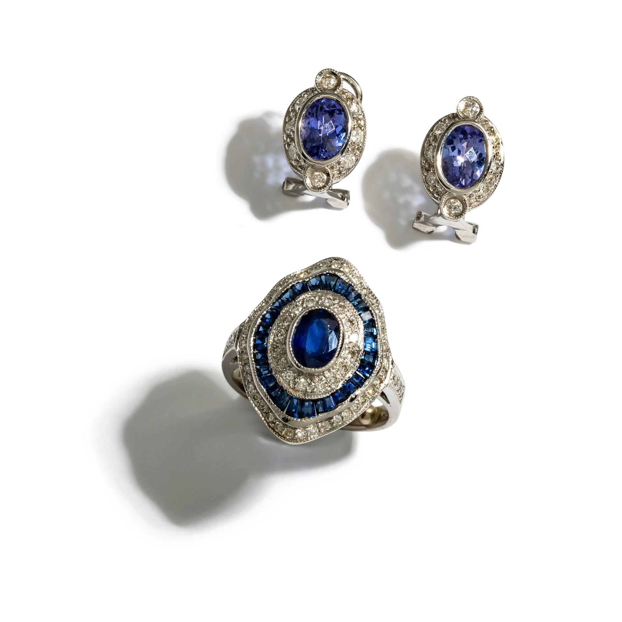 WHITE GOLD, DIAMOND, AND MULTIGEM RING AND EARRINGS