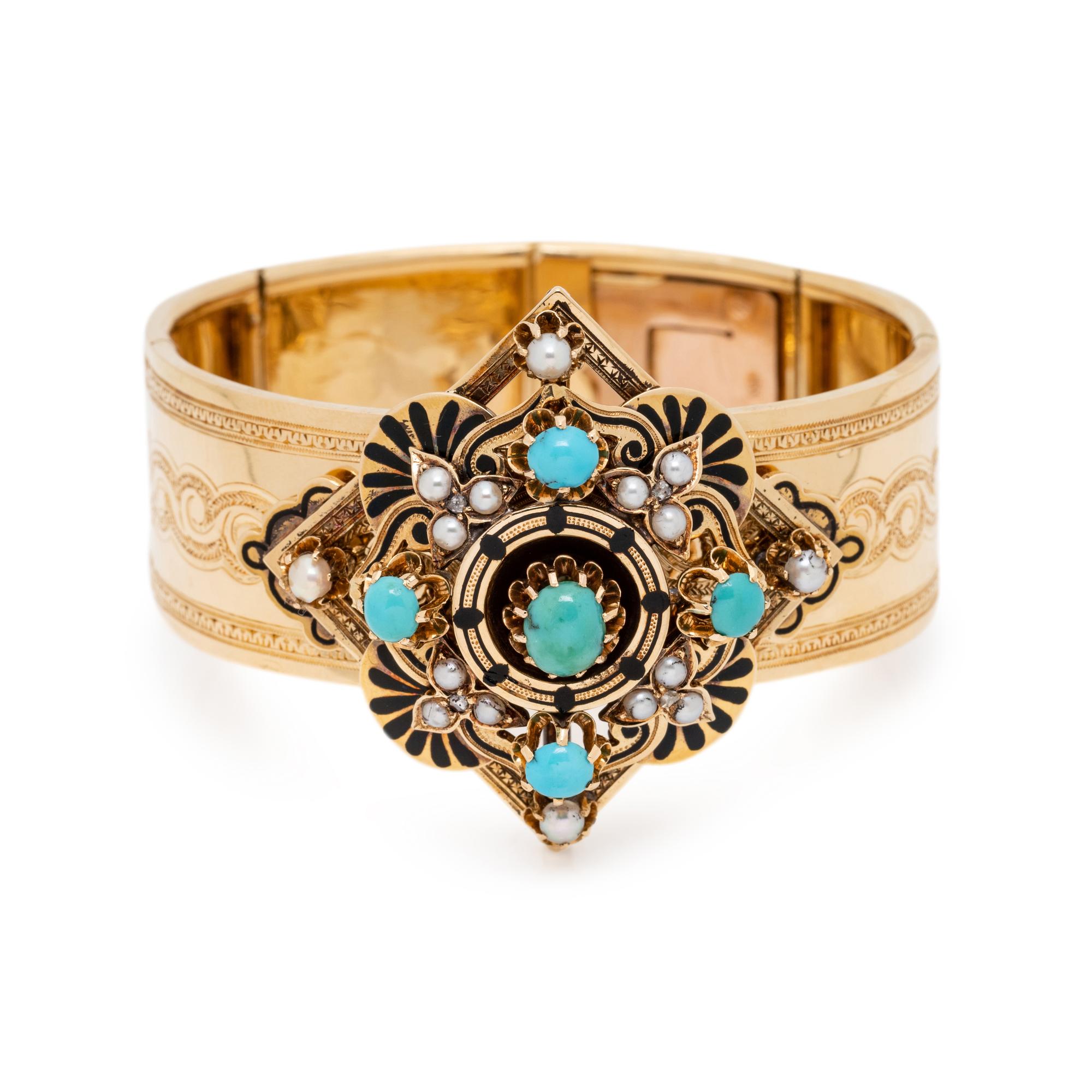FRENCH, VICTORIAN, YELLOW GOLD, TURQUOISE, SEED PEARL AND DIAMOND BANGLE BRACELET