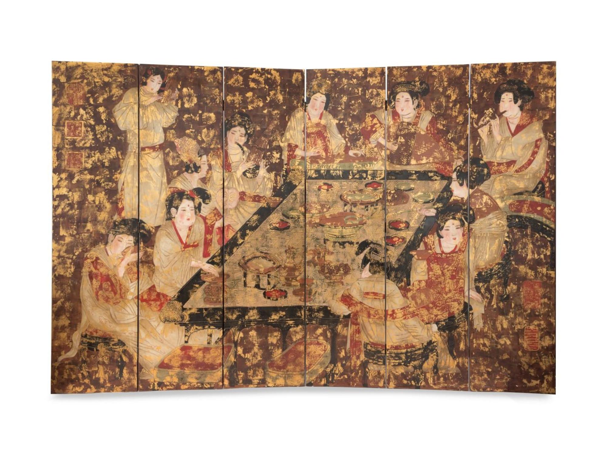 A Chinese Black Lacquer Six-Panel Floor Screen — 19TH CENTURY