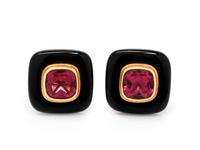 A Pair of 18 Karat Yellow Gold, Pink Tourmaline and Onyx Earclips, Michael Bondanza,