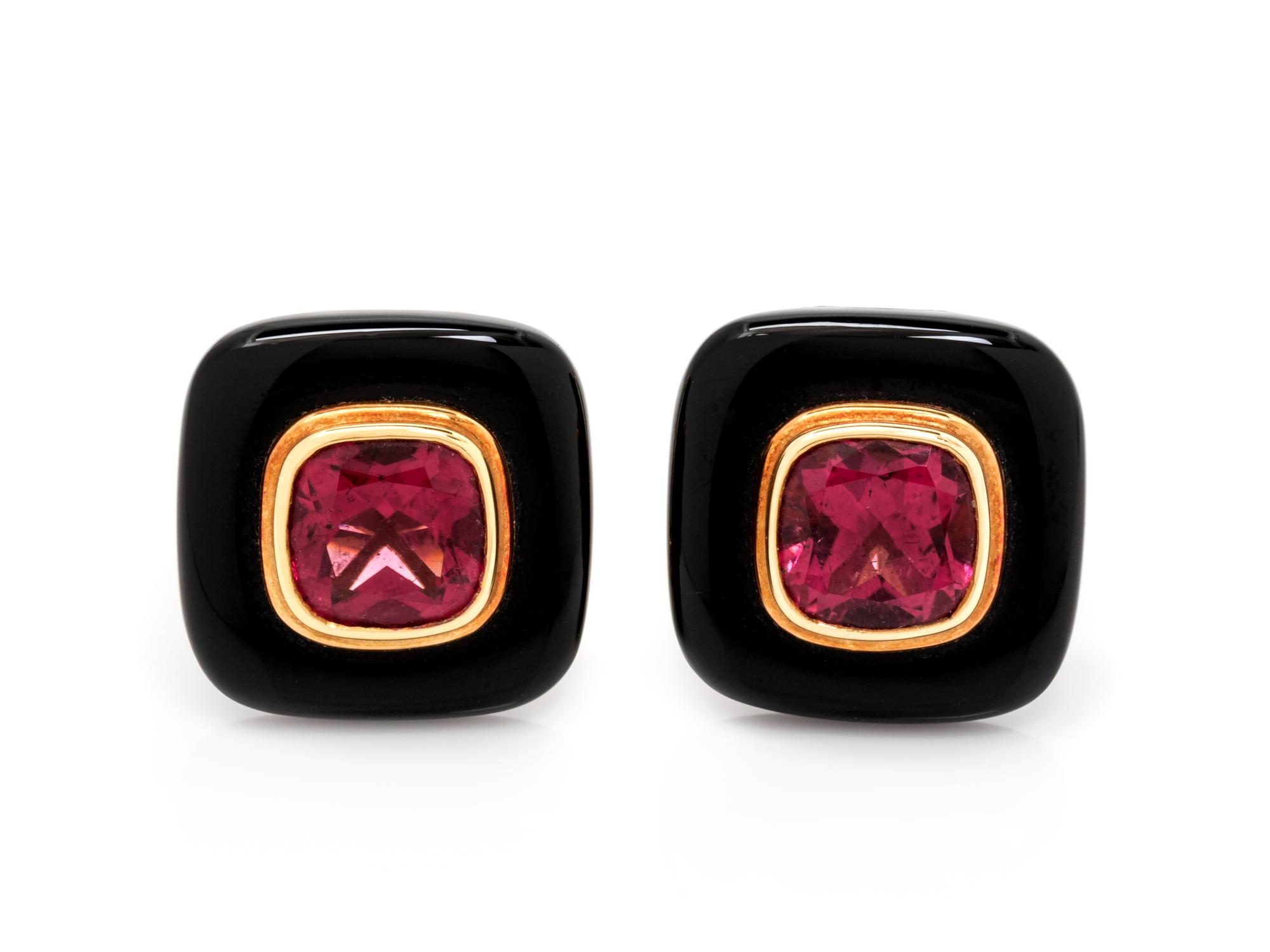 A Pair of 18 Karat Yellow Gold, Pink Tourmaline and Onyx Earclips, Michael Bondanza,