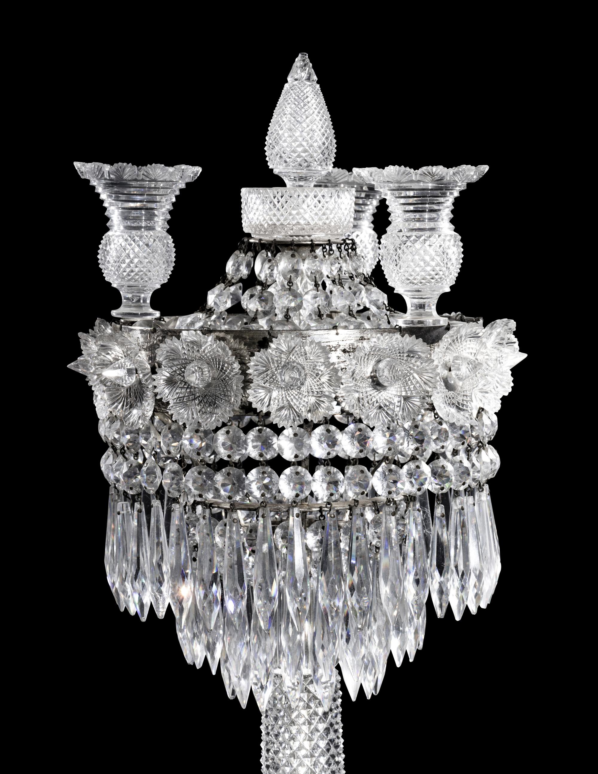 A Pair of Large Bristol Cut Glass Three-Light Candelabra