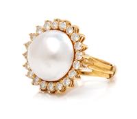 A Yellow Gold, Cultured Mabe Pearl and Diamond Ring,