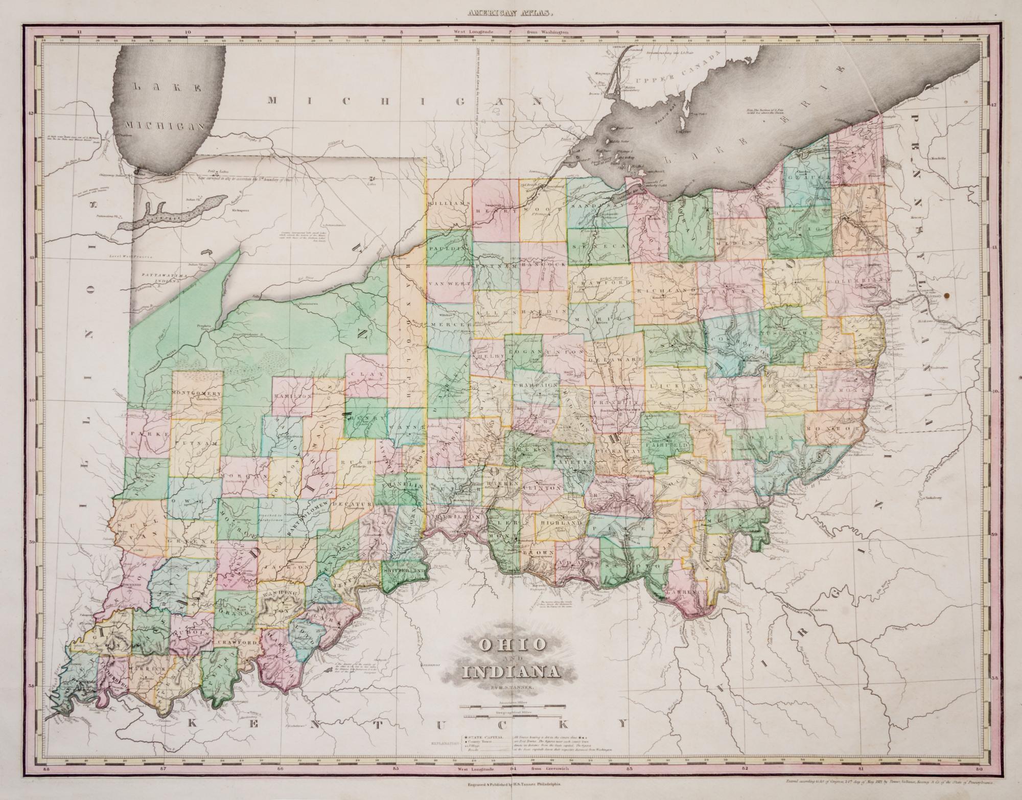 (MAP) TANNER, HENRY SCHENCK. Ohio and Indiana. Philadelphia, 1825
