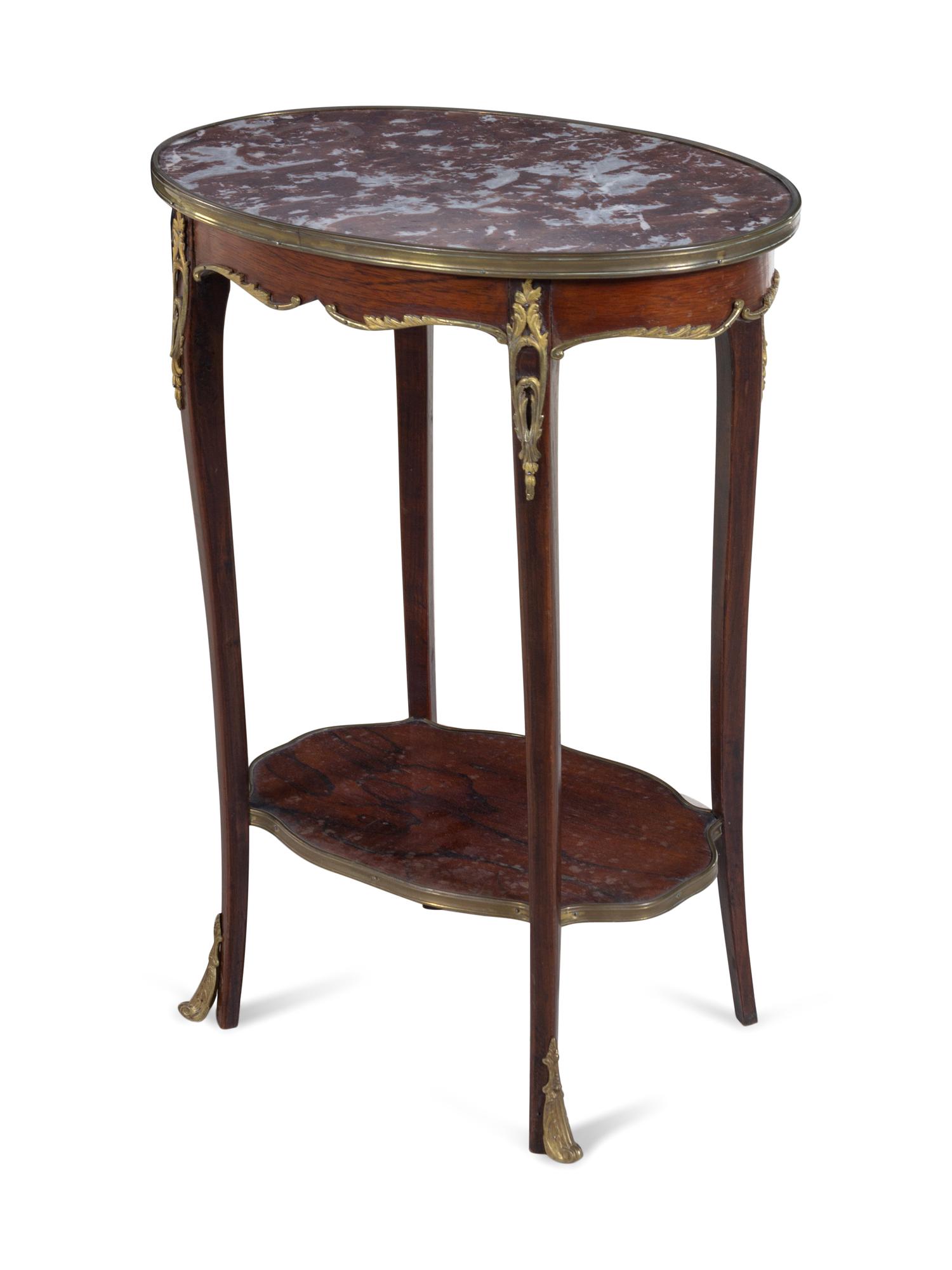 A Louis XV Style Gilt Bronze Mounted Rosewood Marble-Top Side Table
