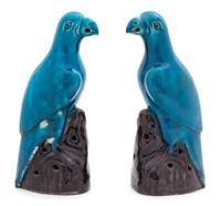 A Pair of Chinese Export Turquoise and Aubergine Glazed Porcelain Parrots — 19TH CENTURY